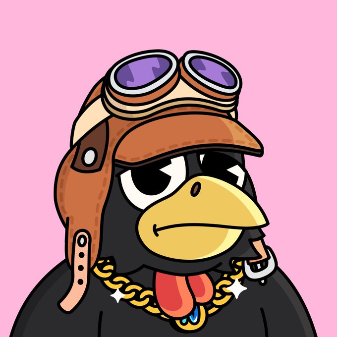 A cartoon illustration of a black chicken wearing a brown aviator cap with goggles and a thick gold chain necklace on a pink background.