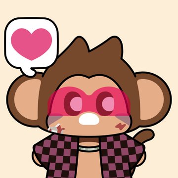 A cartoon monkey character with pink sunglasses and a checkered jacket displays a heart speech bubble, with a small smudge on its chin.