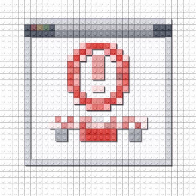 A pixel art mosaic made from LEGO-style studs depicting a red power button symbol inside a gray window or browser frame.