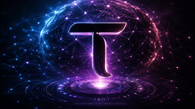 A futuristic digital logo displays a stylized letter 'T' surrounded by a glowing pink and blue sphere with 'TAO - DECENTRALIZED INTELLIGENCE' written below.