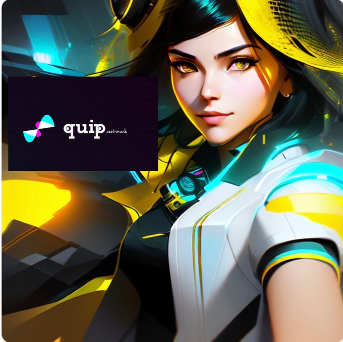 The image features an illustration of a woman with long black hair wearing a white shirt and yellow pants. The background of the image has neon colors that make her stand out. In front of the woman, there's a logo for Quip network, which is a company focused on distributed computing power and the future of computing needs. The post also discusses how Quip network aims to meet the computing needs of the future by leveraging distributed computing power and a vision built for the quantum era.