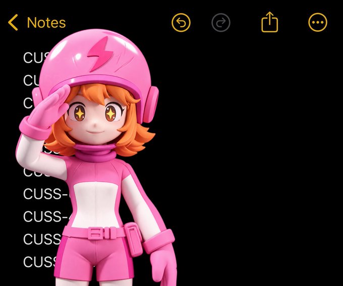 The iOS Notes app displays a 3D pink character saluting over a background of repeated text reading 'CUSS--' followed by a redacted section.