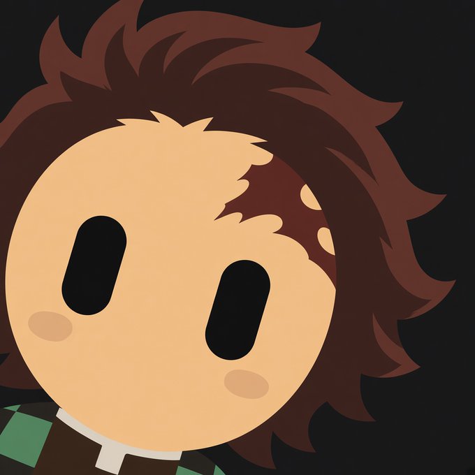 A close-up illustration of an anime-style chibi character with fluffy brown hair, simple oval black eyes, rosy cheeks, and wearing a green and brown checkered garment against a black background.