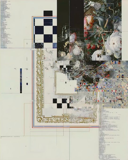 An abstract mixed-media collage featuring classical floral artwork, a decorative gold frame edge, checkerboard patterns, and overlay of code-like text blocks.