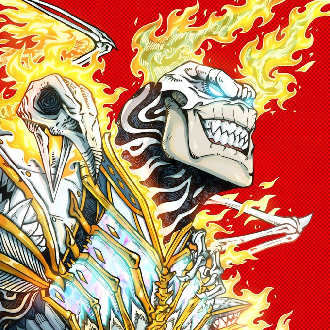 A vibrant illustration of a skeletal figure with a flaming crown, mounted on a pale horse and wearing ornate gold and blue armor, set against a red halftone background.