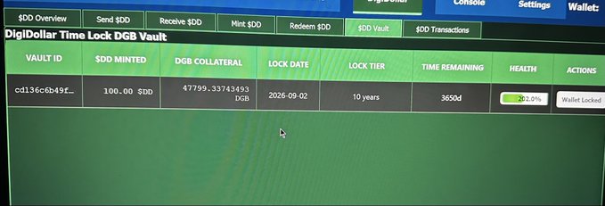 A screenshot of a 'DigiDollar Time Lock DGB Vault' interface showing a vault ID 'cd136c8b49f...' with 100.00 $DD minted, backed by 47,799.33743493 DGB collateral, with a lock date of 2026-09-02 and 10-year tier.