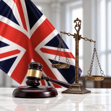 The image shows a gavel and scale of justice in front of a British flag, symbolizing a UK legal decision. This aligns with the post reporting a UK court ruling in favor of the government regarding seized Bitcoin.