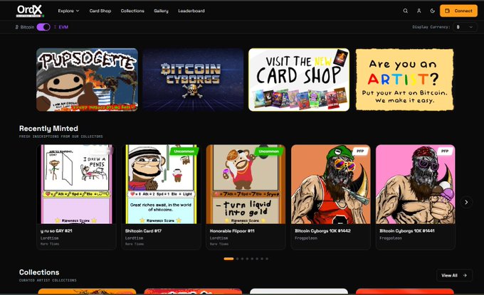 A screenshot of the OrdX website displaying recently minted Bitcoin Cyberpunk and Rawdog collections, including cards like 'Honorable Flipcoin #01' and 'Bitcoin Cyborgs 10K #1641'.
