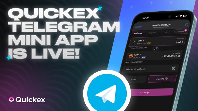 An advertisement for 'QuickEX TELEGRAM MINI APP IS LIVE!' showing a smartphone displaying a cryptocurrency exchange interface.