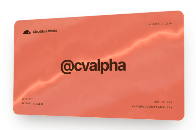 An orange digital Cloudflare Wallet card for '@cvalpha' dated August 2026, with the link cvalpha.cloudflare.pay.