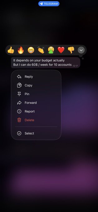 A screenshot of a Telegram message that reads "It depends on your budget actually But I can do 60$ / week for 10 accounts," with a reply menu open showing options like Reply, Copy, Pin, Forward, Report, Delete, and Select. The message appears to be an offer for selling social media accounts, unrelated to cooking.