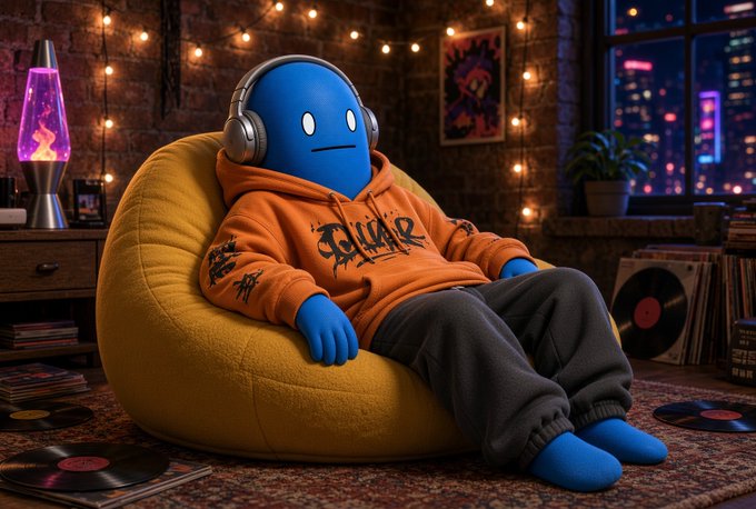 A blue, one-eyed cartoon character wearing headphones relaxes in a yellow beanbag chair, surrounded by vinyl records, a lava lamp, and string lights in a cozy music-filled room, visually echoing the post's promotion of ONE's new community radio station on Ignite Radio.