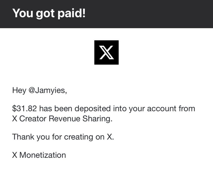 The image is a screenshot of a screenshot showing the money that has been deposited into an account from an X-Creator Sharing platform, with two messages written below the photograph. The first message reads "Hey Jammies", which could be referring to someone named "Jammyes". The second message says "Your deposit of $31.82 has been deposited into your account from X Creator Revenue Sharing" and includes a link that takes you directly to an x-creator shared video.