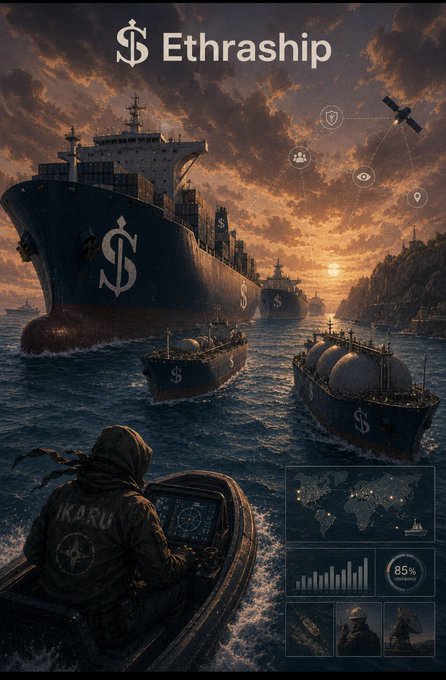 A digital artwork titled '$ Ethraship' showing large cargo ships branded with dollar signs sailing on the ocean at sunset, with a hooded figure at a control panel in the foreground and a satellite with security icons in the sky.