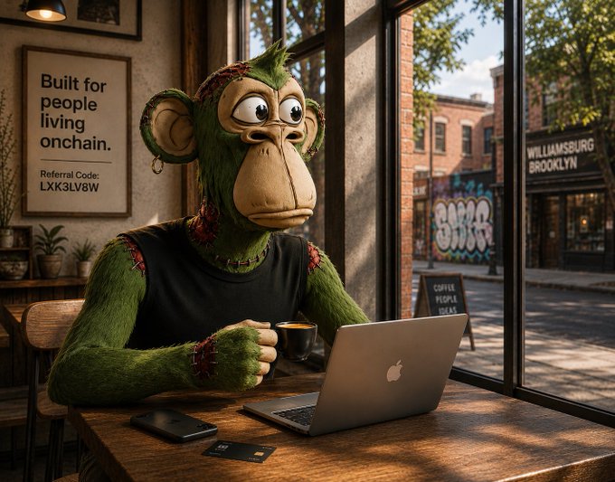 An AI-generated image of a green monkey character wearing a black tank top, sitting in a Brooklyn coffee shop with a MacBook, holding a coffee cup, with a poster reading 'Built for people living onchain. Referral Code: LXK3LV8W'.