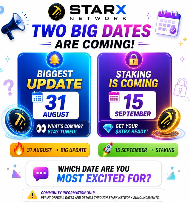 A vibrant StarX Network promotional graphic announcing two upcoming dates: August 31 for a "Biggest Update" and September 15 for the launch of staking, encouraging viewers to share which date they're most excited for in the comments. The design features bold blue and purple panels with calendar icons, megaphone and padlock imagery, and reminders to "Get Your $STRX Ready!" while noting dates should be verified through official StarX Network announcements.