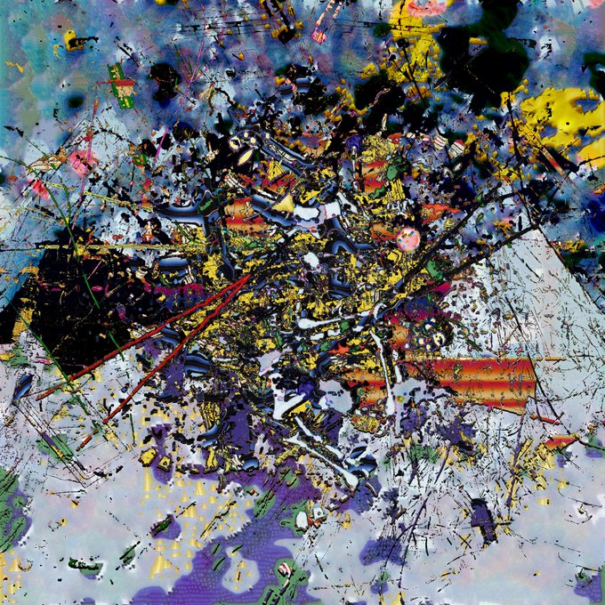 An abstract painting filled with chaotic splatters of yellow, blue, red, and green paint.