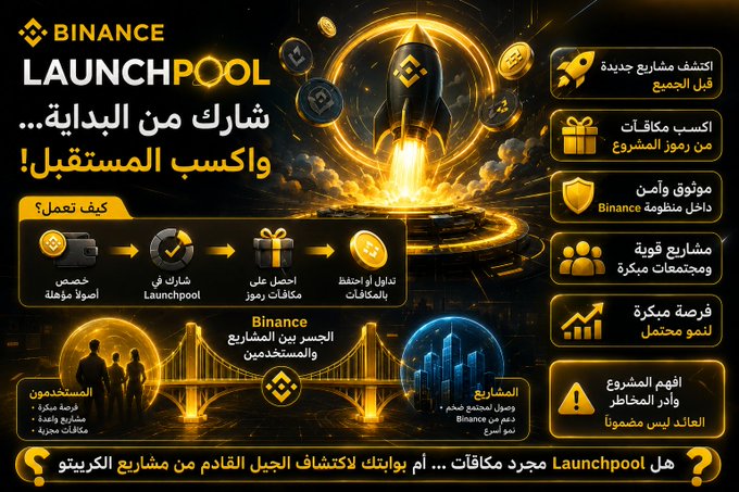 A Binance LaunchPool promotional advertisement in Arabic with gold and black theming, featuring a rocket launch and explaining how to earn rewards.