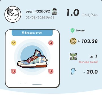 A gaming interface showing user_4320092 with 1.0 GMT/Min, a Vlogger Lv30 badge with a sneaker NFT, +103.28 coins, and -20.0 energy, noting 'Your slots are full'.