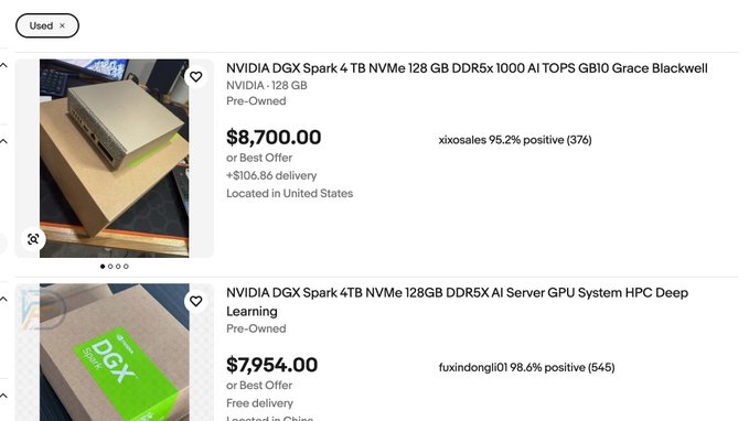 A screenshot of an e-commerce listing showing used NVIDIA DGX Spark 4TB NVMe AI Server systems priced at $8,700.00 and $7,954.00.