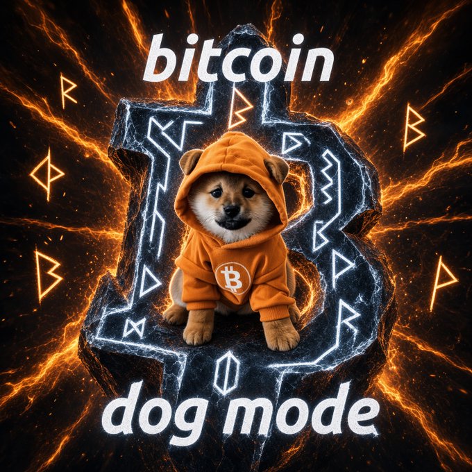 A graphic illustration featuring a Shiba Inu dog in an orange Bitcoin hoodie, sitting in front of a glowing rune-covered "B" symbol with the text "bitcoin" above and "dog mode" below.