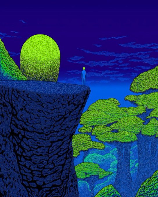 A stylized illustration shows a small blue silhouette of a person standing on a cliff edge beneath a massive, glowing green moon, surrounded by textured blue rock and bright green foliage.