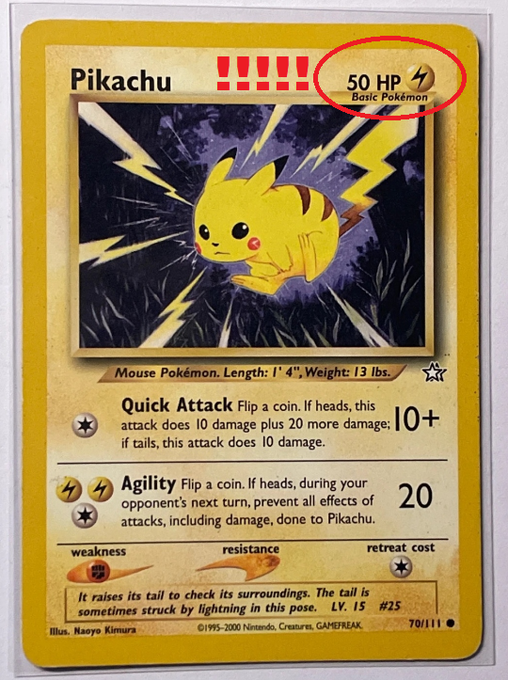 A Pikachu Pokémon trading card showing 50 HP, Basic Pokémon, level 15, with a red circle highlighting the HP and type.