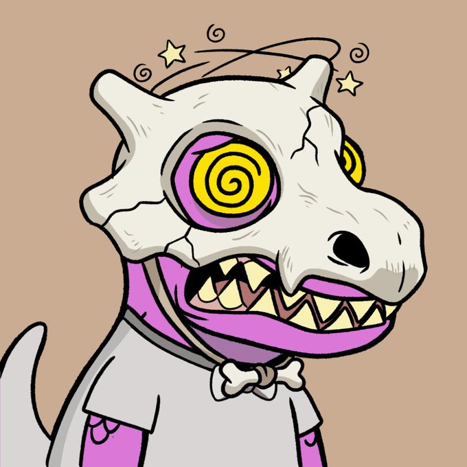 A cartoon illustration shows a disheveled, crazed-looking white creature with swirly yellow and purple eyes, jagged teeth, and a bone collar, with stars circling its head.
