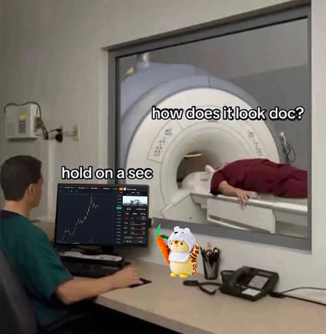 A meme shows a person lying in an MRI machine asking 'how does it look doc?', while a technician at a computer replies 'hold on a sec' while looking at a crypto trading chart, with a small cartoon tiger added.