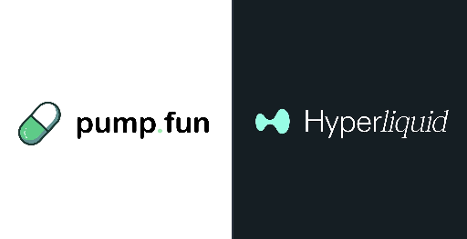 Logos for 'pump fun' (with a green and white pill icon) and 'Hyperliquid' (with a teal icon) displayed side by side.