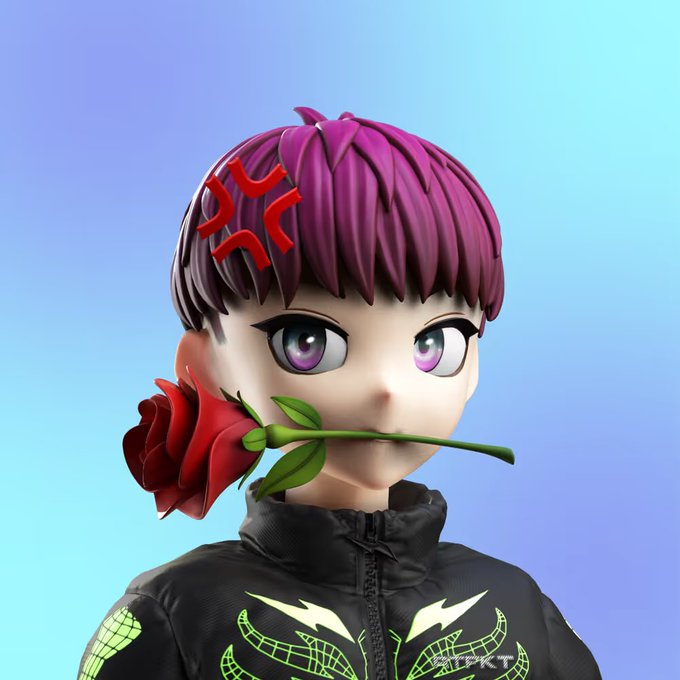 The image features a 3D rendering of a young girl wearing a black jacket and holding a red rose. The girl has purple hair, giving her a unique appearance. She appears to be posing for the photo with an expression that suggests she might be angry or upset about something. The background is a gradient blue color, which contrasts nicely with the girl's outfit and adds depth to the image. There are no texts present in the image, so it does not contain any text-related information.