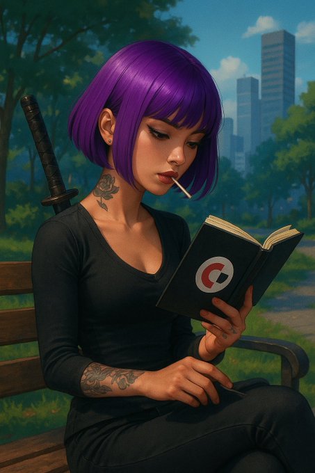 A digital illustration shows a woman with a purple bob haircut reading a black book with a red 'C' logo while smoking a cigarette, with a katana strapped to her back, sitting on a park bench with a city skyline in the background.