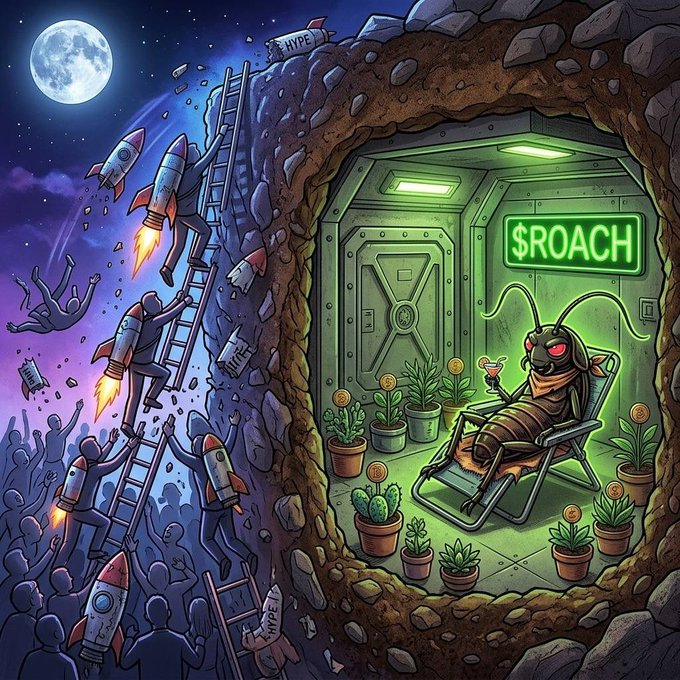 The image features a cartoon illustration of a man sitting in a chair, surrounded by potted plants and rockets. The scene includes a large rock formation with people climbing up it, as well as a sign that says "ROACH" above the man's head. There are also several other people depicted in the background, some of whom appear to be climbing ladders or flying through space. The overall theme of the image is one of adventure and exploration, with elements of both outer space travel and a cockroach-themed room.