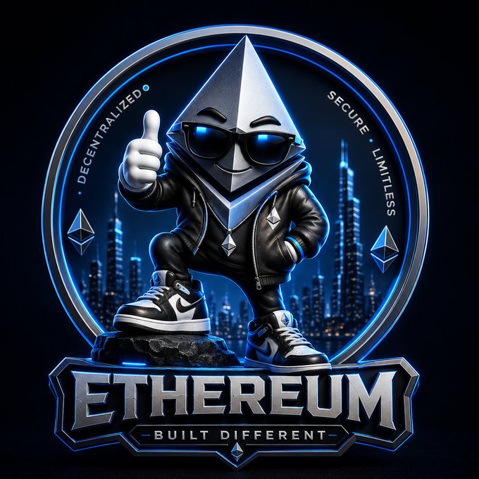 A stylized Ethereum mascot featuring an octahedral logo character wearing sunglasses and a leather jacket, giving a thumbs-up, with the text 'ETHEREUM - BUILT DIFFERENT' and surrounding text 'DECENTRALIZED', 'SECURE', 'LIMITLESS'.