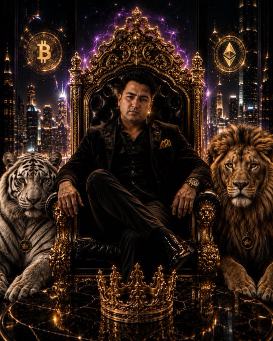 A stylized portrait of a man sitting on an ornate golden throne flanked by a white tiger and a lion, with Bitcoin and Ethereum symbols in the background and a golden crown in the foreground.