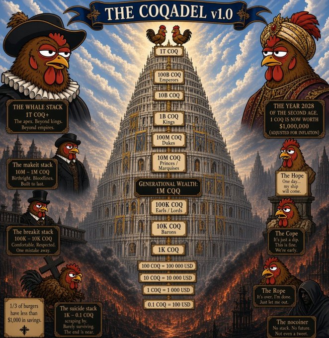 An elaborate, Renaissance-style infographic titled "THE COQADEL v1.0" depicts a towering Babel-like pyramid of wealth tiers measured in "COQ," with anthropomorphic roosters in aristocratic and grim reaper attire labeling each level from "1 COQ" at the top to "0.1 COQ = 100 USD" at the base. The image humorously visualizes a hierarchy of financial status—from "Emperors" and "Kings" holding 100B–1B COQ down to "The suicide stack" and "The nocoiner" at the bottom—capturing the universal feeling of "thinking about this often" when contemplating one's place on the wealth ladder.