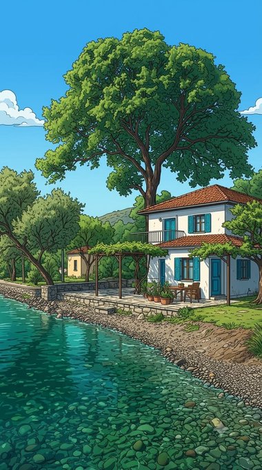 A vibrant digital illustration of a picturesque Mediterranean-style house with a red-tiled roof and green shutters, shaded by a large tree and situated beside a clear, rocky river.