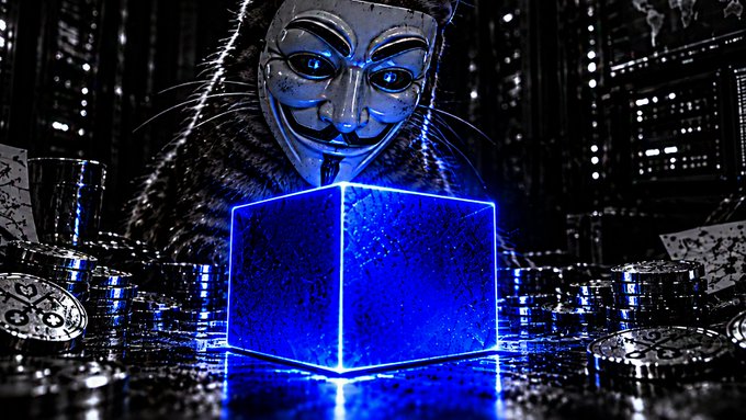 Dark, stylized image of an Anonymous mask hovering above a glowing blue cube surrounded by stacks of silver coins.