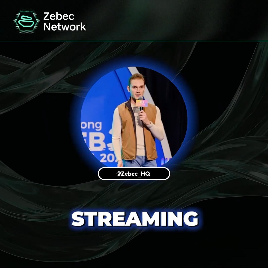 A Zebec Network promotional graphic with the handle @Zebec_HQ, featuring a man speaking into a microphone at an event and the word "STREAMING" in bold text.