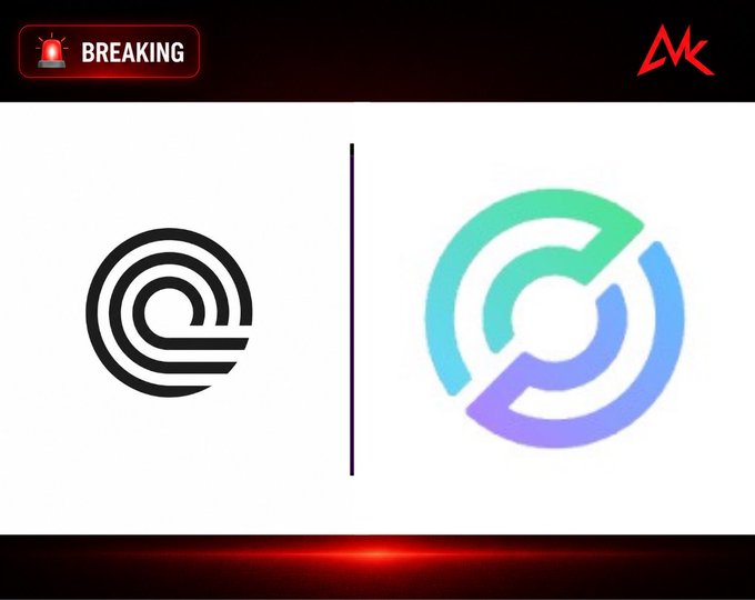 A news-style graphic with a 'BREAKING' label and a red 'MK' logo displays two circular logos side by side: a black stylized 'C' and a colorful gradient version of the same logo.