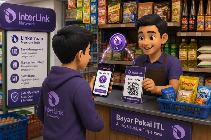 An animated 3D illustration depicts a customer paying at a shop using the InterLink Network (ITL) system, with a cashier scanning a QR code displayed on a phone showing 'Pay with ITL' and '100 ITL'. A side panel lists features like 'Linkermap Merchant Tools', 'Easy Management', 'Transaction History', 'Sales Report', and 'Safer Payment'.