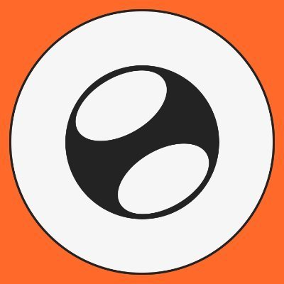 An orange square icon featuring a white circle with a black inner circle that has two white oval shapes resembling eyes or eyes-like openings.