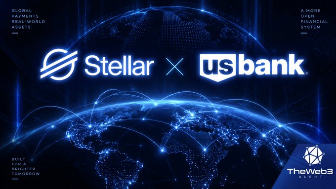 The image displays a promotional graphic announcing a partnership between Stellar and US Bank, featuring both logos prominently against a digital globe background with glowing connection lines symbolizing global financial networks. Text highlights include "GLOBAL PAYMENTS REAL-WORLD ASSETS," "A MORE OPEN FINANCIAL SYSTEM," and "BUILT FOR A BRIGHTER TOMORROW," with a "TheWeb3 Alert" badge in the corner—visually reinforcing the post's message about US Bank's major stablecoin pilot on the Stellar (XLM) network for cross-border payments.