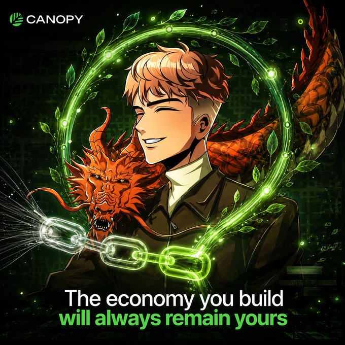 An anime-style illustration shows a smiling young man with a red dragon beside him, surrounded by a glowing green chain and leaves, with the 'CANOPY' logo and text 'The economy you build will always remain yours'.