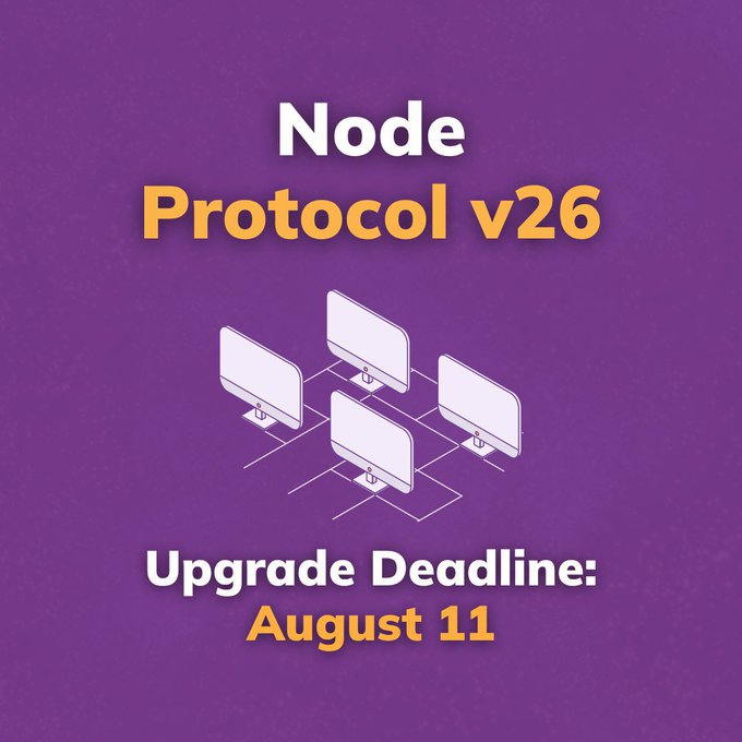 A purple promotional graphic announcing 'Node Protocol v26' with an illustration of interconnected computer screens, and an 'Upgrade Deadline: August 11' displayed at the bottom.