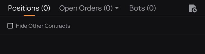 The image shows a trading interface with three tabs—"Positions (0)," "Open Orders (0)," and "Bots (0)"—all empty, along with an unchecked "Hide Other Contracts" option, reinforcing the post's message about sticking to a disciplined plan with no active BTC trades.