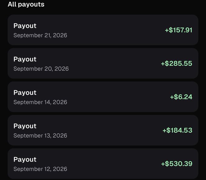 A screenshot of 'All payouts' showing five entries ranging from +$6.24 to +$530.39, dated September 12-21, 2026.