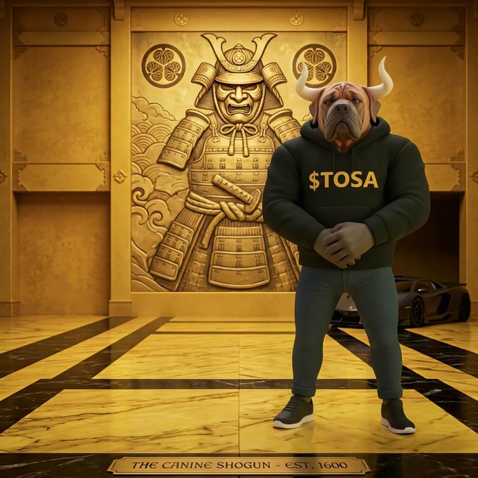 A digital illustration titled 'The Canine Shogun - est. 1600' depicting an anthropomorphic pitbull wearing a black '$TOSA' hoodie, standing in a golden Japanese-style hall before a samurai warrior mural with a sports car visible in the background.