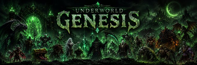 A promotional banner for the game 'Underworld Genesis' featuring dark fantasy imagery with green glowing portals, mythical creatures, dragons, and a lineup of monstrous and humanoid characters.