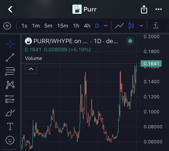 A TradingView chart of token 'Purr' (PURR/WHYPE on a 1D timeframe) at 0.1641, showing a +5.19% gain.
